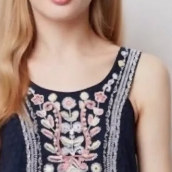 Maeve Anthropologie Boho Spring navy blue Tier Fairy dress floral embroidery 6 - Picture 2 of 8